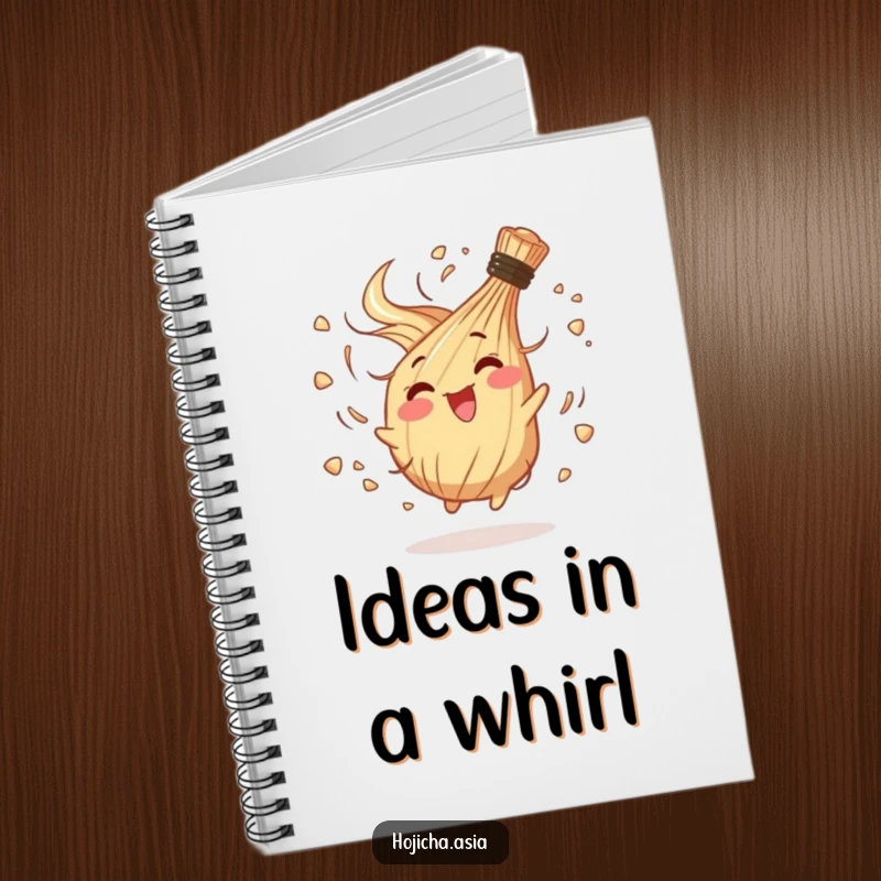 Funny notebook with a happy hojicha whisk in a joyful spin, perfect for brainstorming and note-taking.