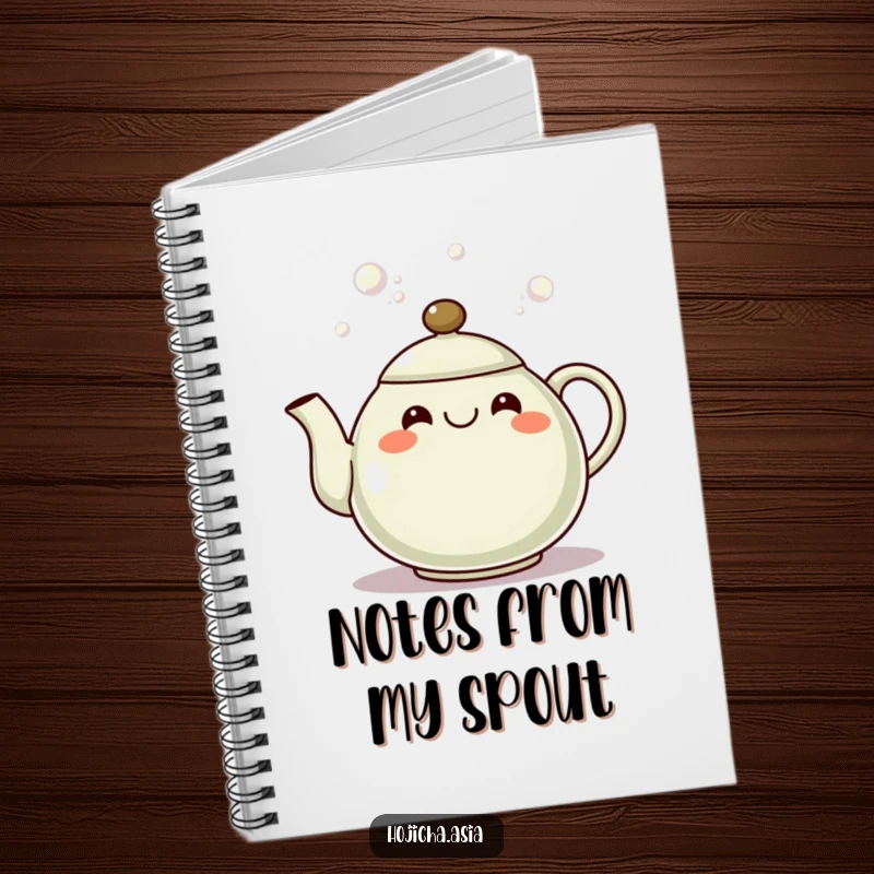 Funny hojicha teapot notebook with a grinning spout pouring bubbles, perfect for capturing cheerful thoughts.