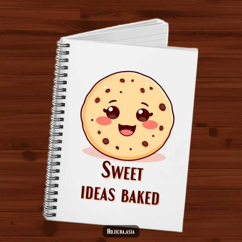 Funny notebook with an adorable hojicha cookie and a beaming smile, perfect for journaling and creative writing.