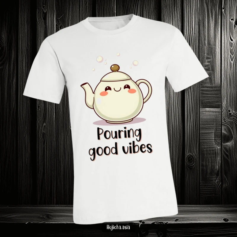 Funny hojicha teapot t-shirt with a happy grinning spout pouring effervescent bubbles, celebrating good times.