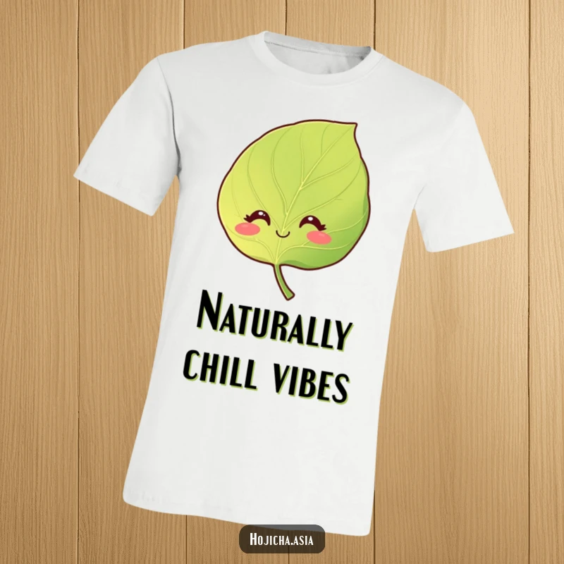 Funny graphic tee of a smiling hojicha leaf with soft, curious eyes, representing tranquility and nature.