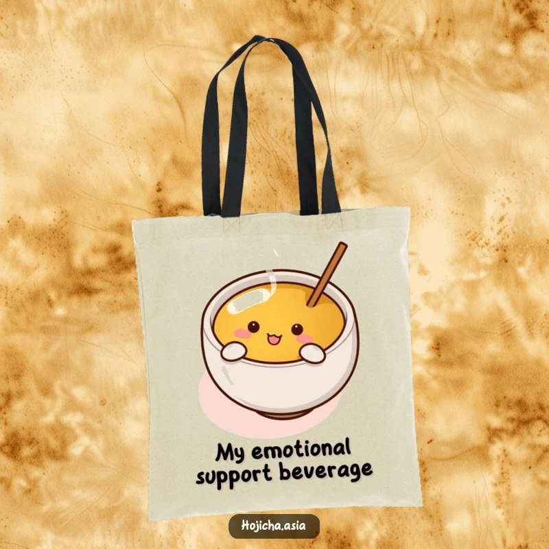 Funny hojicha cup with tiny arms enthusiastically stirring tea, designed on a durable and humorous tote bag.