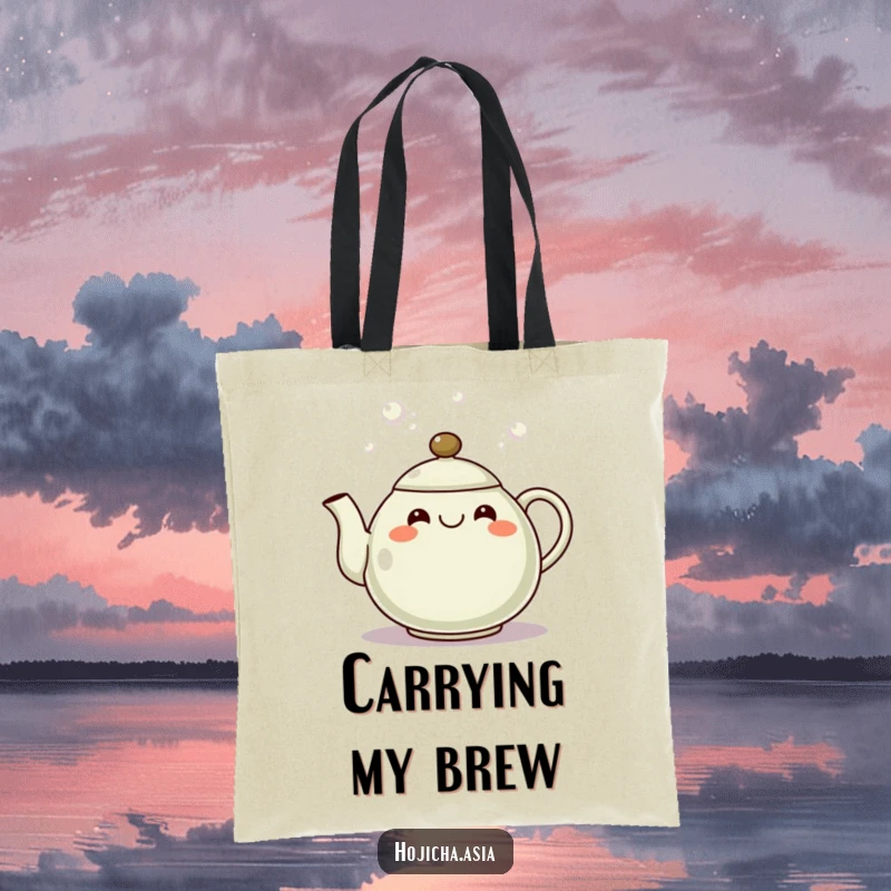Funny hojicha teapot tote bag with a grinning spout pouring bubbles, ideal for carrying essentials with joy.