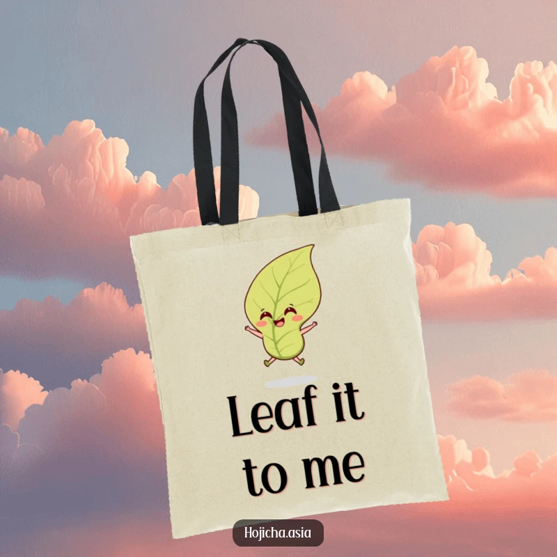 Funny hojicha tea leaf tote bag with a cheerful leaf jumping in the breeze, ideal for everyday use.